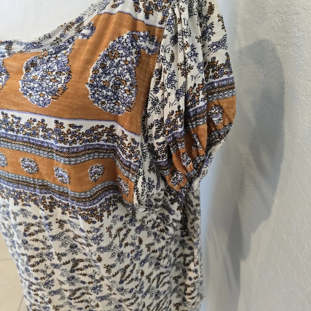 Free People Women’s Paisley Boho Puff Sleeve Open Scoop Back Top S